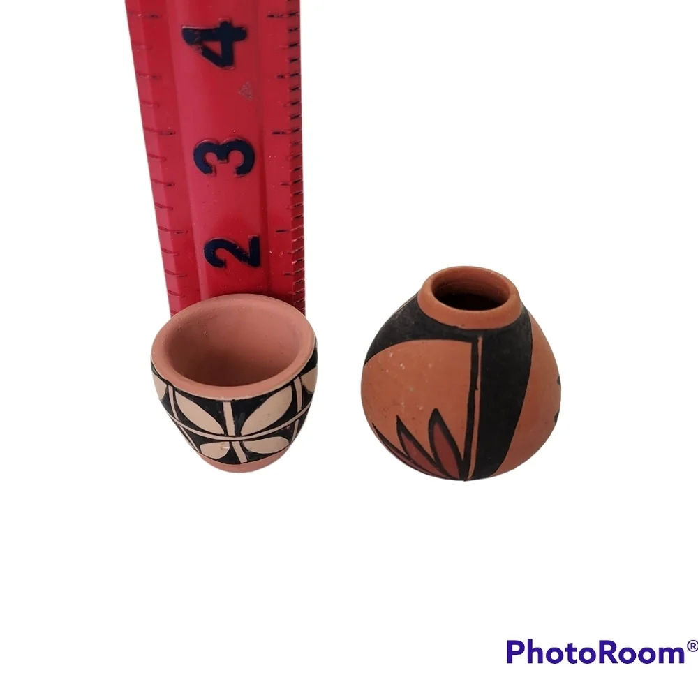 2 Mexican Folk Art Hand Painted Clay Pottery Mini seed pots vases Artist Signed